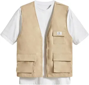 OYOANGLE Men's Sleeveless V Neck Zip Up Cargo Vest Letter Patched Flap Pocket Vest Coat Outerwear
