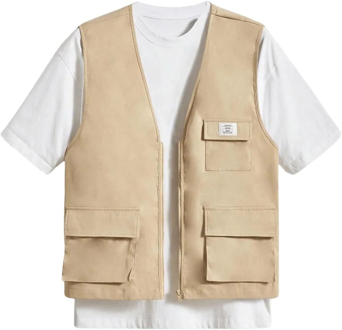 OYOANGLE Men's Sleeveless V Neck Zip Up Cargo Vest Letter Patched Flap Pocket Vest Coat Outerwear