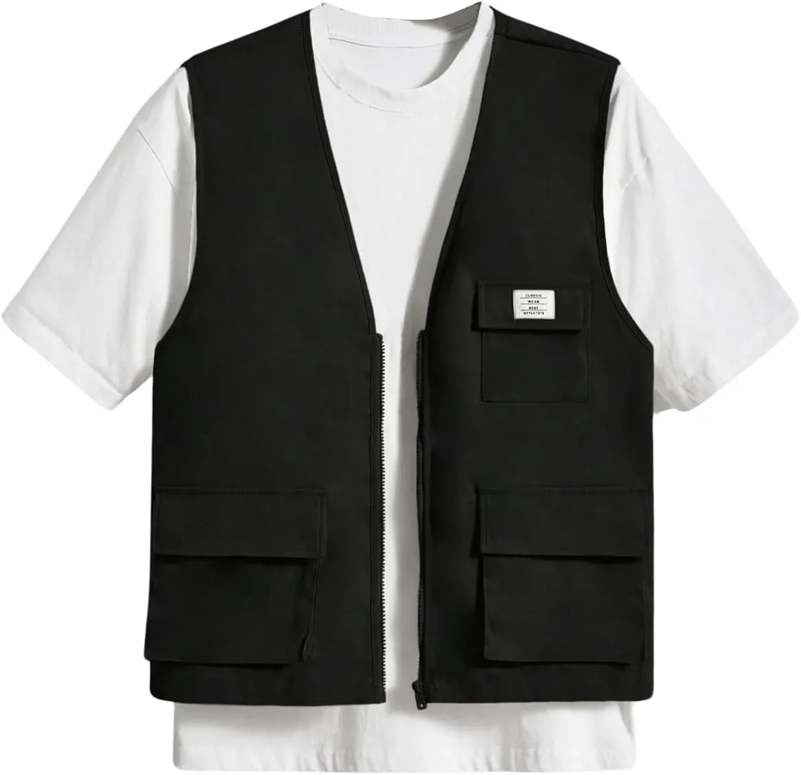 OYOANGLE Men's Sleeveless V Neck Zip Up Cargo Vest Letter Patched Flap Pocket Vest Coat Outerwear