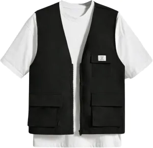 OYOANGLE Men's Sleeveless V Neck Zip Up Cargo Vest Letter Patched Flap Pocket Vest Coat Outerwear