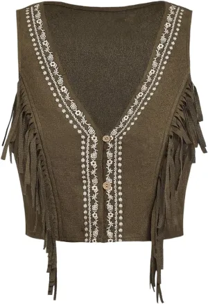 OYOANGLE Women's Button Front Fringe Cowgirl Vest Embroidered V Neck Sleeveless Crop Jackets