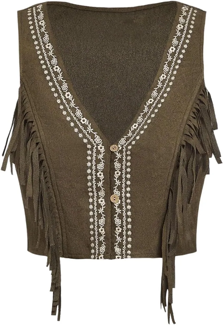 OYOANGLE Women's Button Front Fringe Cowgirl Vest Embroidered V Neck Sleeveless Crop Jackets