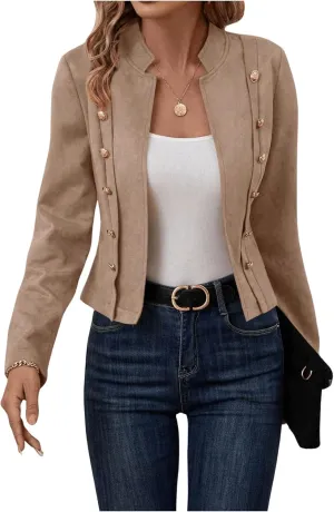OYOANGLE Women's Open Front Double Breasted Long Sleeve Jacket Faux Suede Casual Biker Coat Outerwear