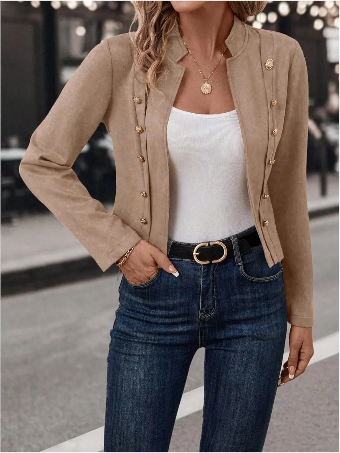 OYOANGLE Women's Open Front Double Breasted Long Sleeve Jacket Faux Suede Casual Biker Coat Outerwear