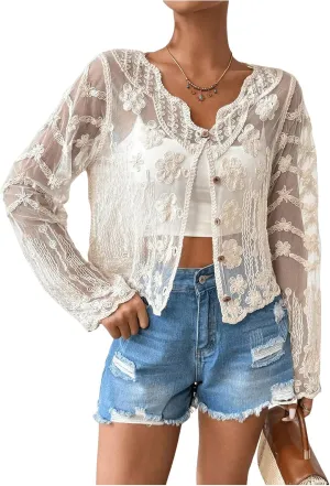 OYOANGLE Women's Plus Size Floral Appliques Long Sleeve Button Front Sheer Cardigan Lightweight See Through Outerwear