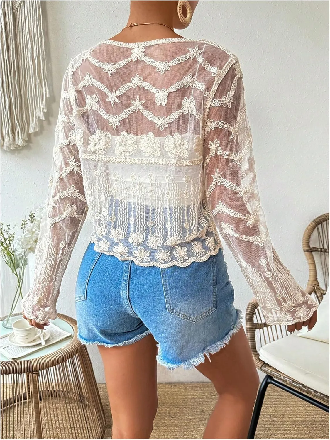 OYOANGLE Women's Plus Size Floral Appliques Long Sleeve Button Front Sheer Cardigan Lightweight See Through Outerwear