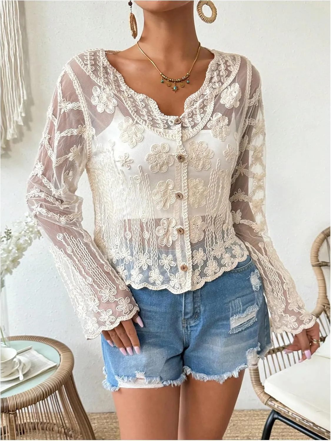 OYOANGLE Women's Plus Size Floral Appliques Long Sleeve Button Front Sheer Cardigan Lightweight See Through Outerwear
