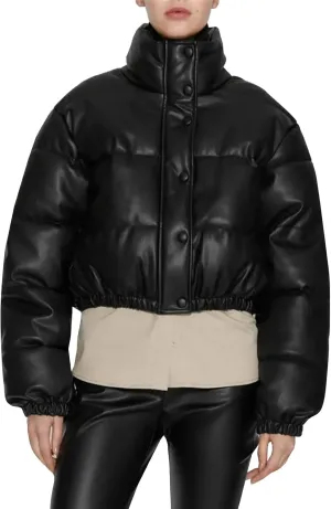 PEHMEA Women's Faux Leather Puffer Jacket Winter Long Sleeve Stand Collar Baggy Short Bubble Coat