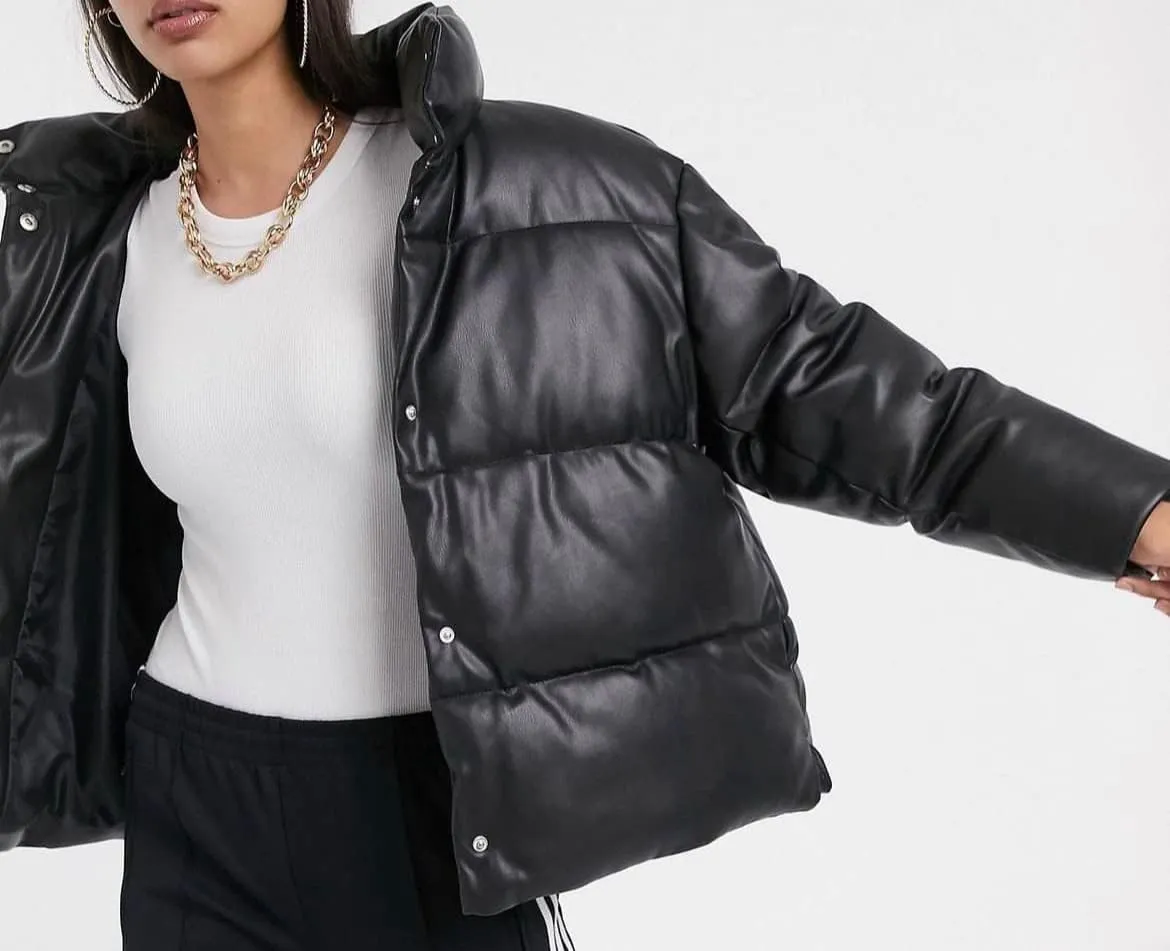 PEHMEA Women's Faux Leather Puffer Jacket Winter Long Sleeve Stand Collar Baggy Short Bubble Coat