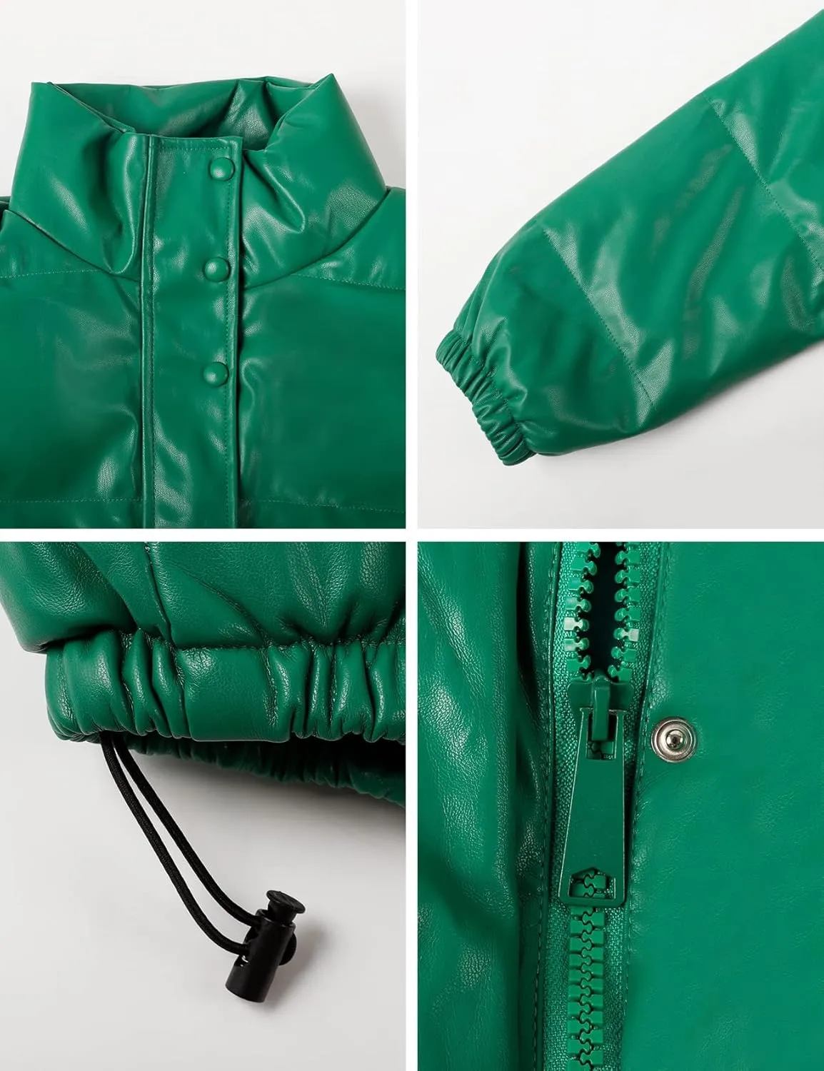 PEHMEA Women's Faux Leather Puffer Jacket Winter Long Sleeve Stand Collar Baggy Short Bubble Coat