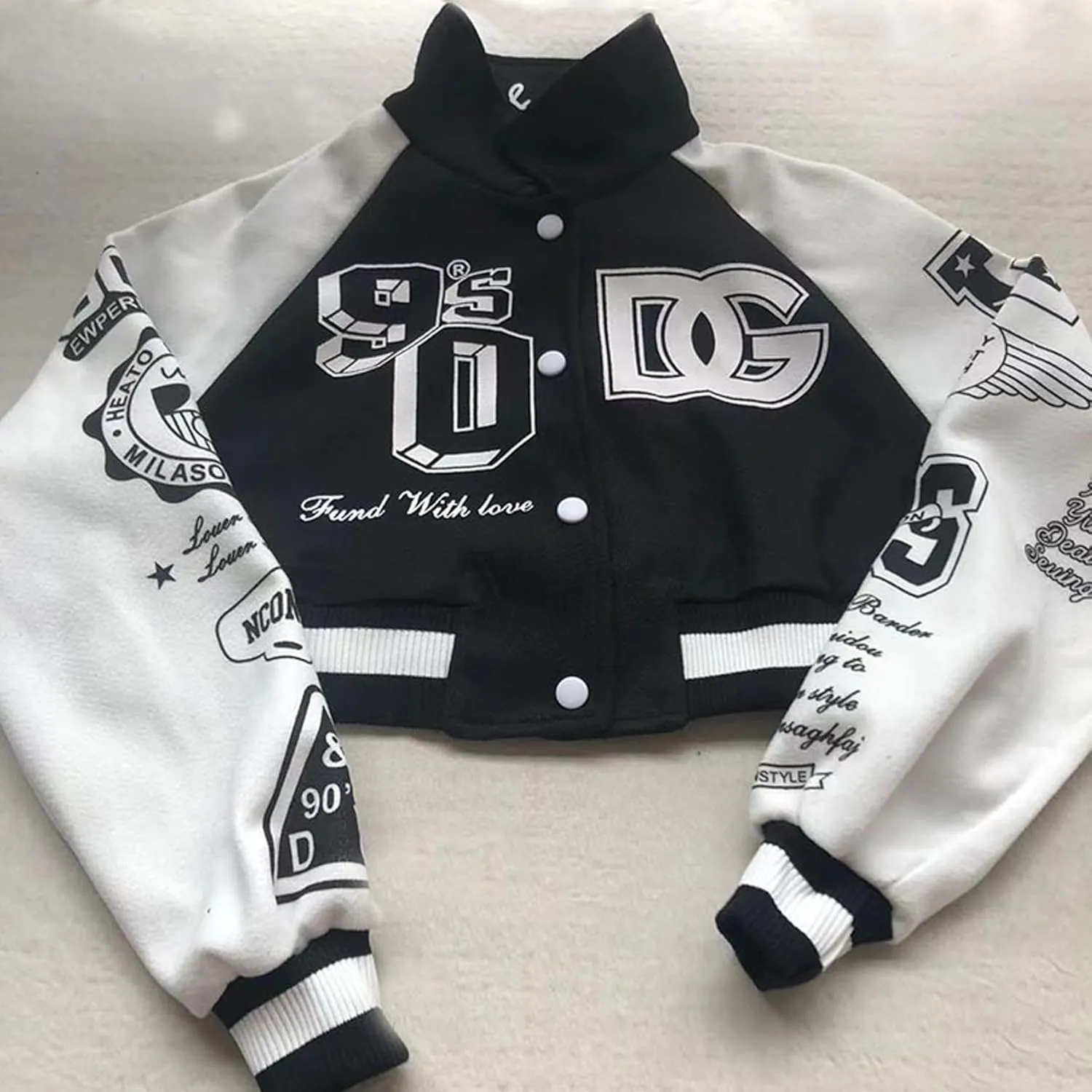 Perbai Womens Cropped Varsity Jacket Colorblock Letter Print Button Down Letterman Bomber Coat Y2K Streetwear