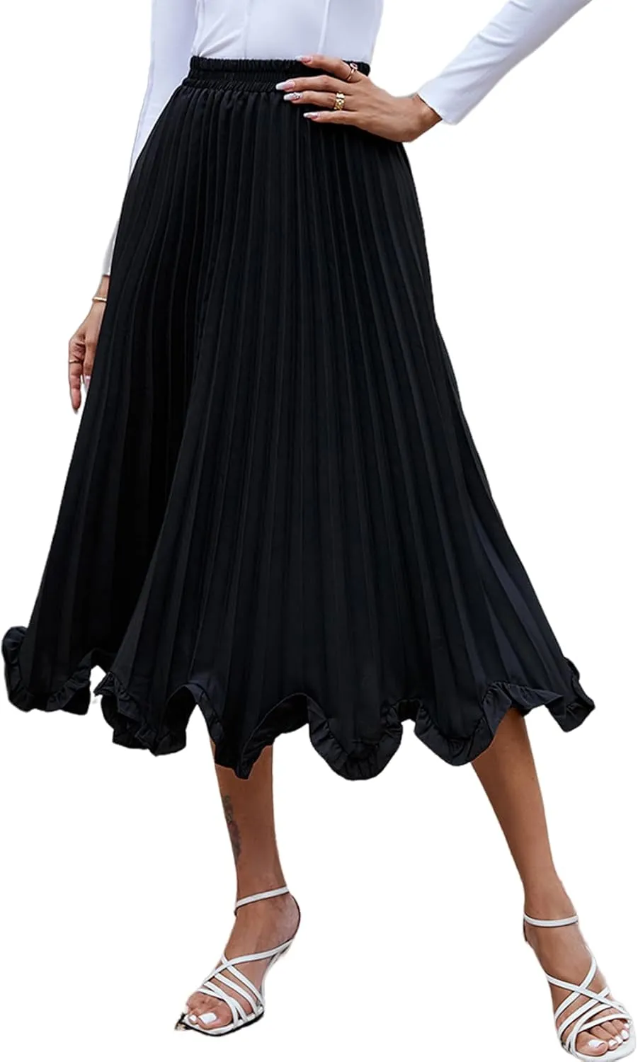 Perbai Women's High Waisted Ruffle Hem A Line Swing Flare Pleated Long Midi Skirt