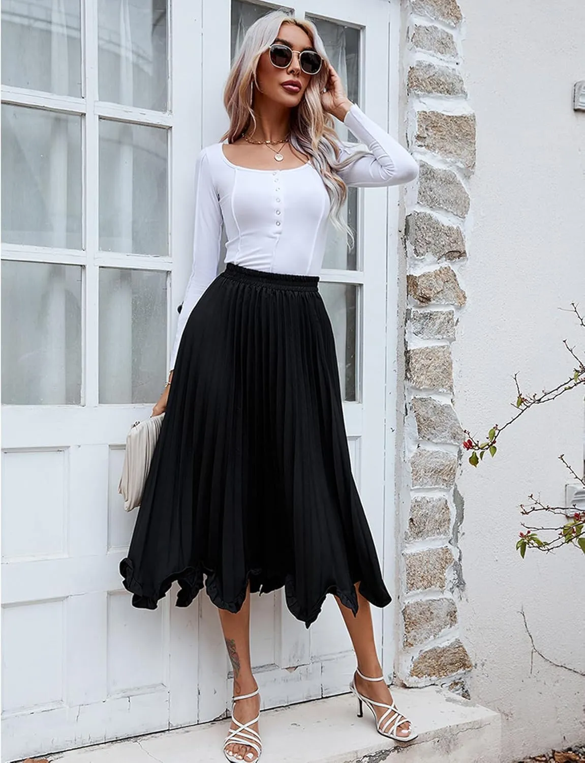 Perbai Women's High Waisted Ruffle Hem A Line Swing Flare Pleated Long Midi Skirt