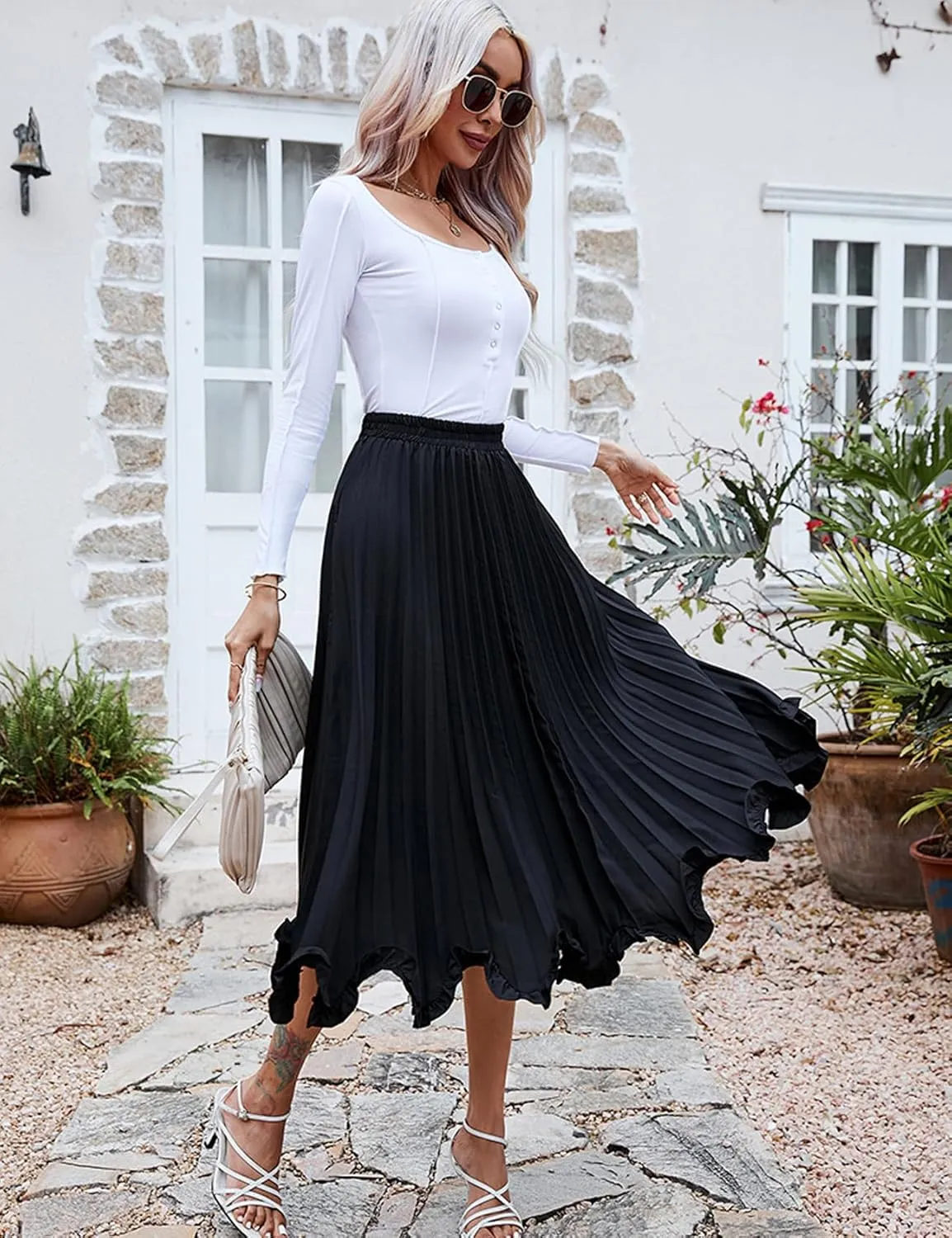 Perbai Women's High Waisted Ruffle Hem A Line Swing Flare Pleated Long Midi Skirt