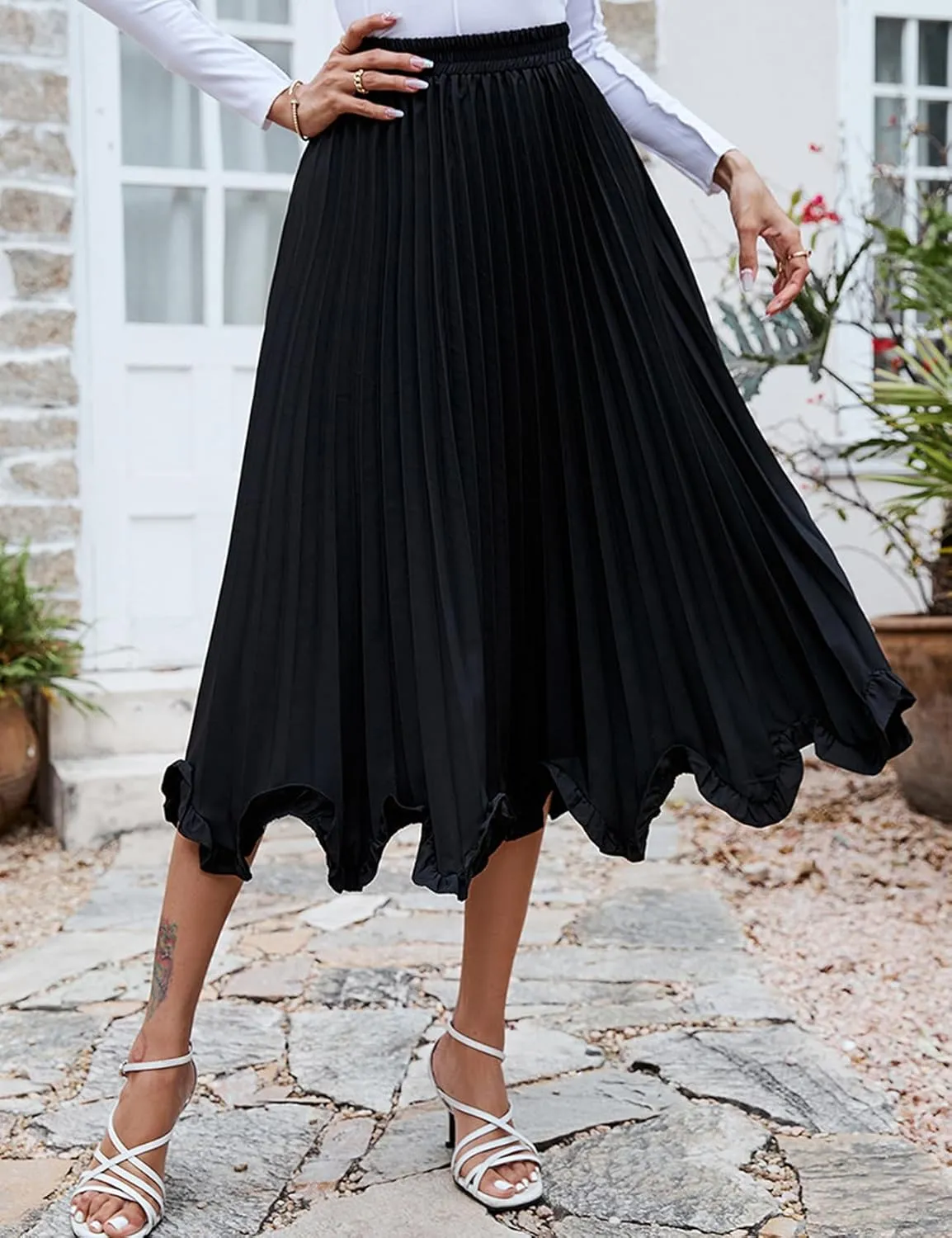 Perbai Women's High Waisted Ruffle Hem A Line Swing Flare Pleated Long Midi Skirt