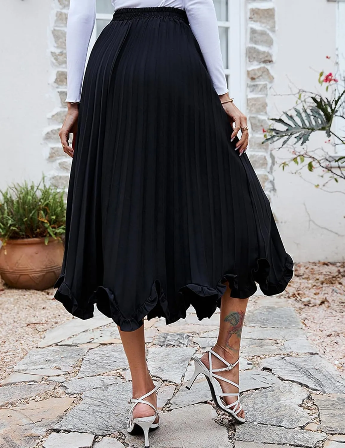 Perbai Women's High Waisted Ruffle Hem A Line Swing Flare Pleated Long Midi Skirt