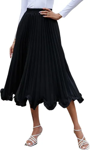 Perbai Women's High Waisted Ruffle Hem A Line Swing Flare Pleated Long Midi Skirt