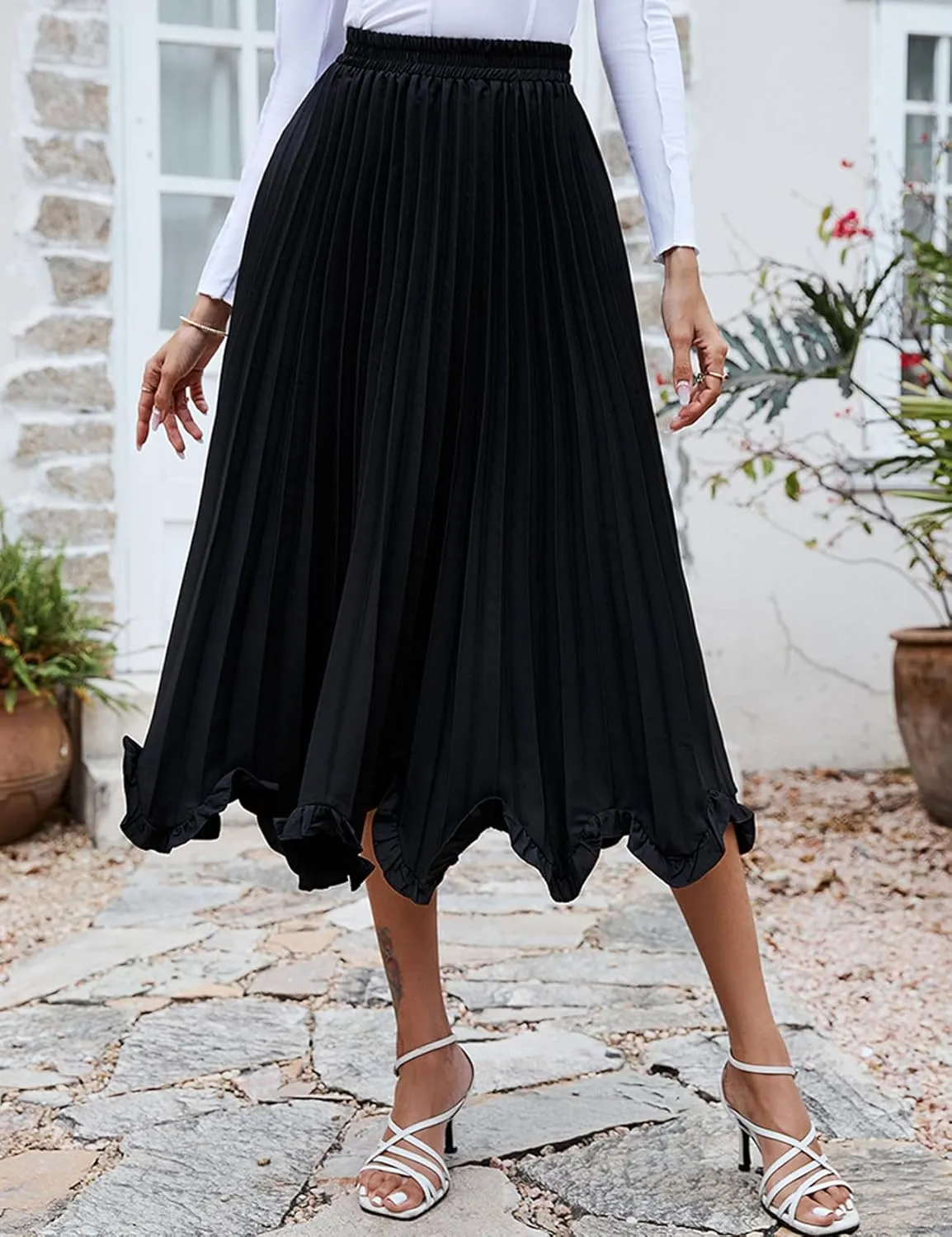 Perbai Women's High Waisted Ruffle Hem A Line Swing Flare Pleated Long Midi Skirt