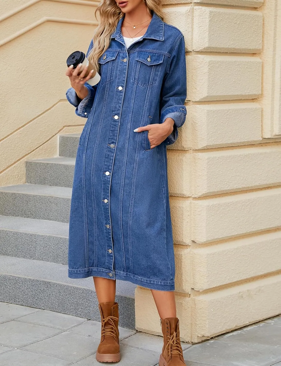Perbai Womens Long Denim Jacket Lapel Button Down Oversized Distressed Jean Trench Coat with Pockets