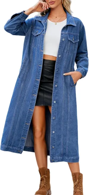 Perbai Womens Long Denim Jacket Lapel Button Down Oversized Distressed Jean Trench Coat with Pockets