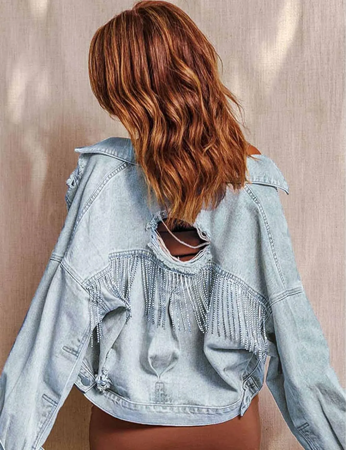 Perbai Womens Ripped Button Down Long Sleeve Oversized Cropped Denim Jean Jacket with Fringe