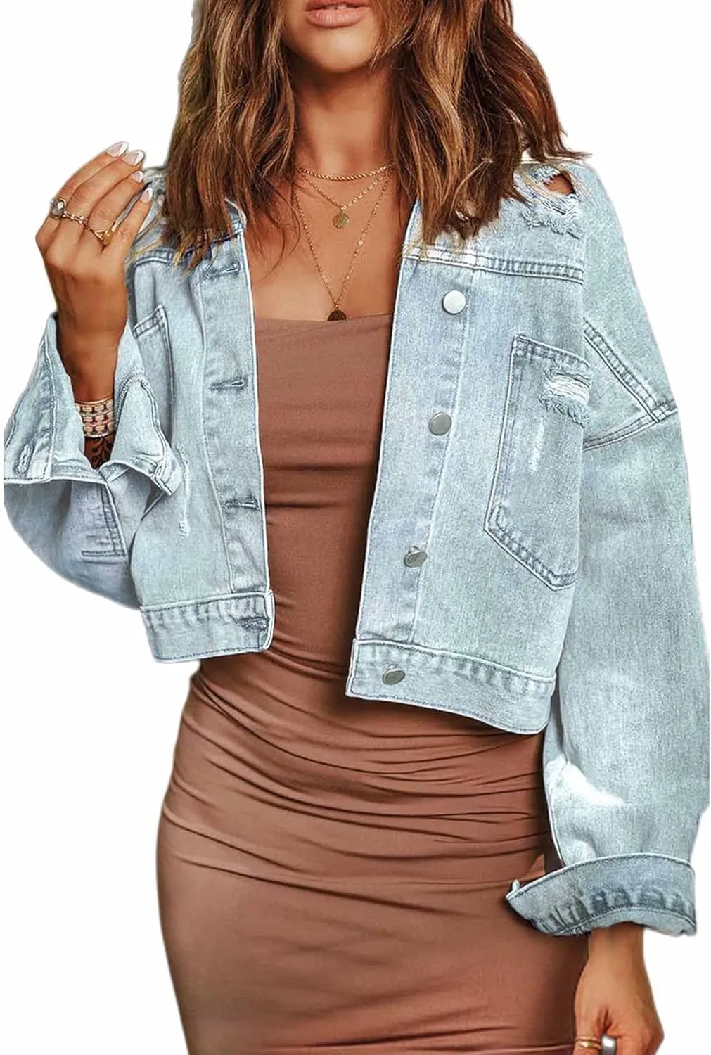 Perbai Womens Ripped Button Down Long Sleeve Oversized Cropped Denim Jean Jacket with Fringe