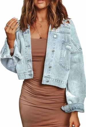 Perbai Womens Ripped Button Down Long Sleeve Oversized Cropped Denim Jean Jacket with Fringe