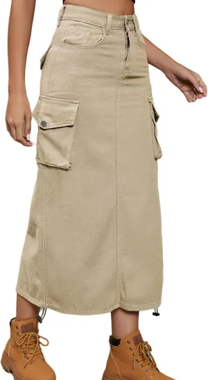 Perbai Women's Y2K Cargo Skirt High Waisted Side Drawstring Ruched Midi Denim Skirt with Pockets