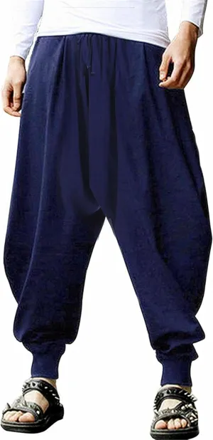 perdontoo Mens Harem Pants Casual Drawstring Aladdin Hippie Cotton Drop Crotch Trouser