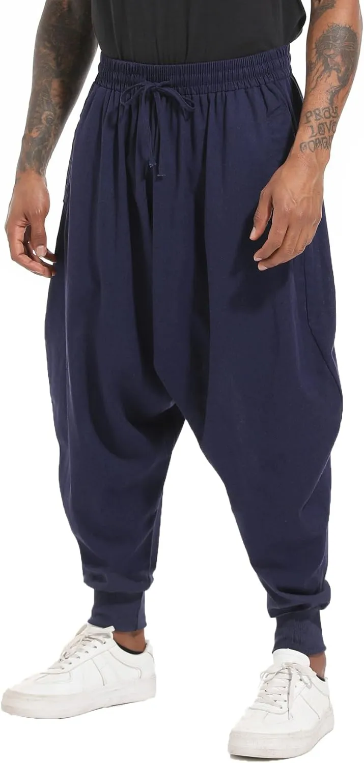 perdontoo Mens Harem Pants Casual Drawstring Aladdin Hippie Cotton Drop Crotch Trouser