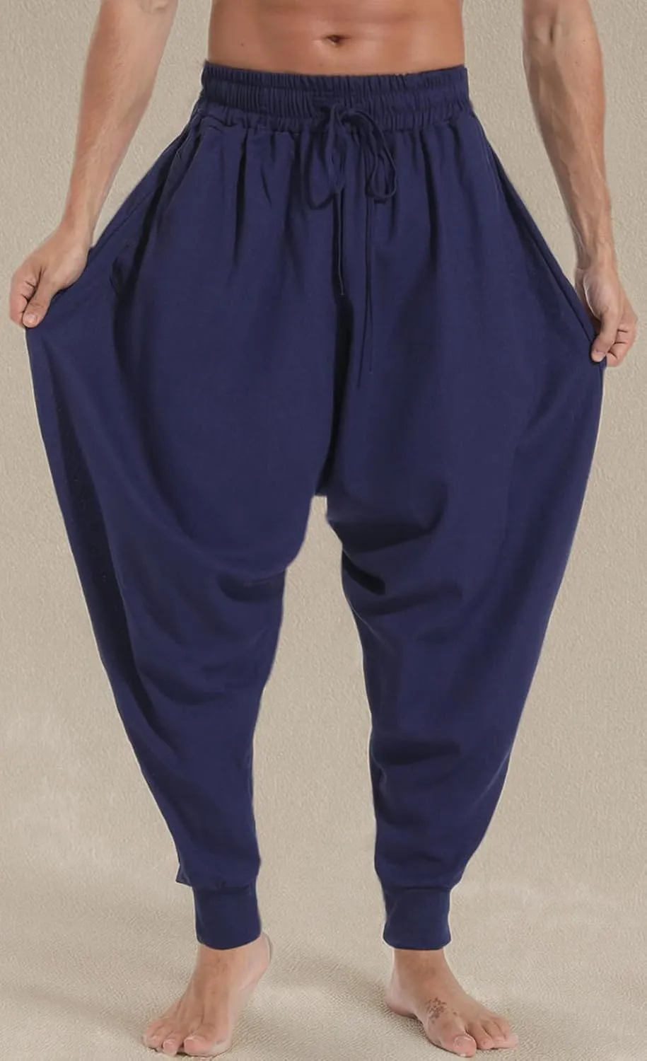 perdontoo Mens Harem Pants Casual Drawstring Aladdin Hippie Cotton Drop Crotch Trouser