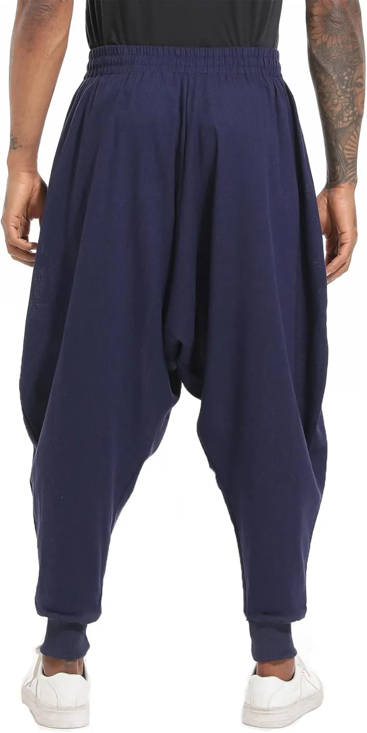 perdontoo Mens Harem Pants Casual Drawstring Aladdin Hippie Cotton Drop Crotch Trouser
