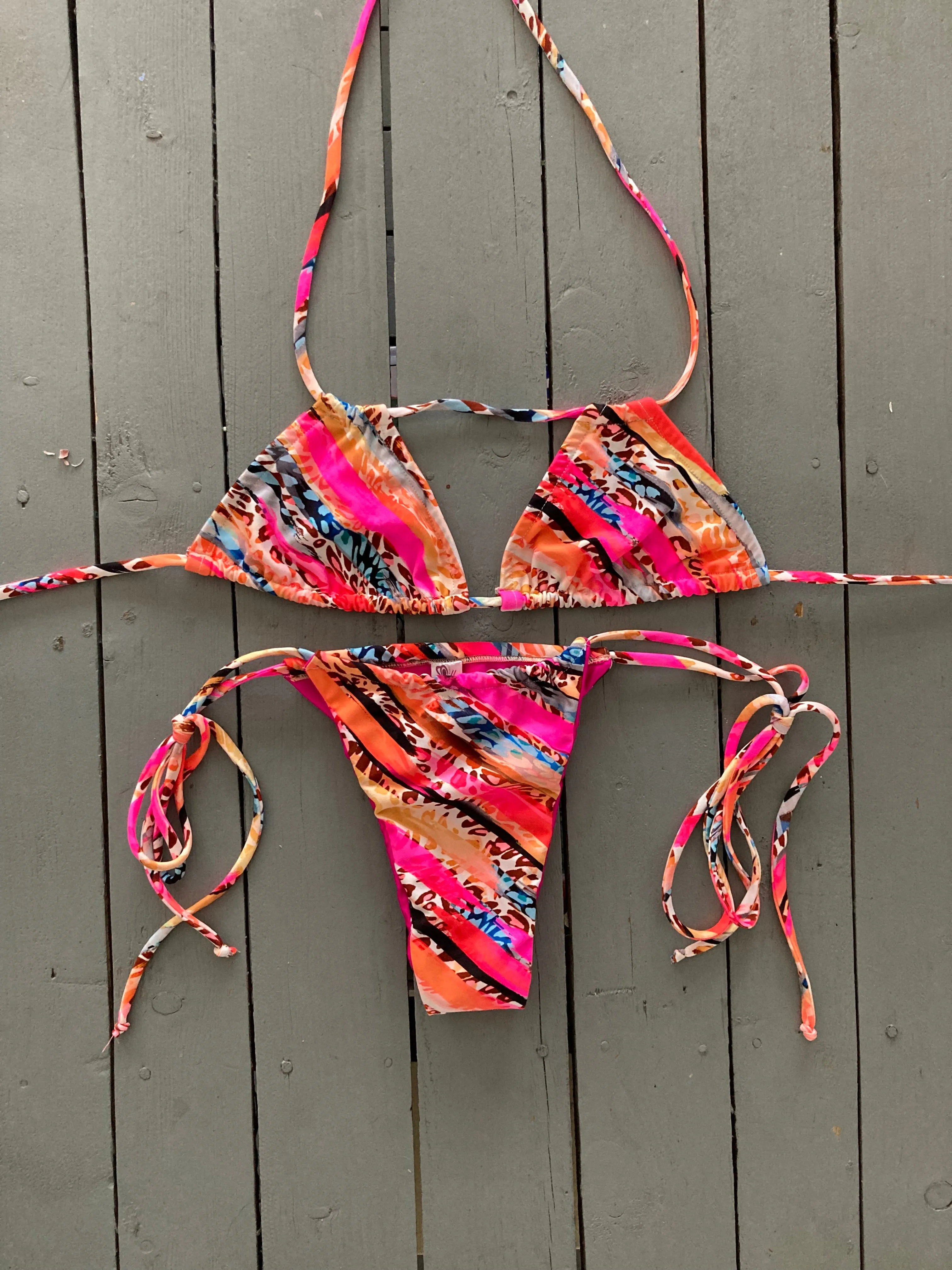 Pink and Brown Animal Print Double String Triangle Bikini Top