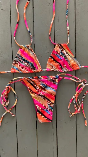 Pink and Brown Animal Print Double String Triangle Bikini Top