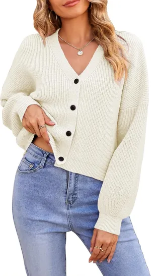Pink Queen Women's 2025 Fall Button Down V Neck Batwing Long Sleeve Ribbed Knit Cropped Cardigan Sweater Top