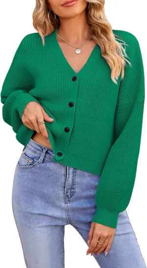 Pink Queen Women's 2025 Fall Button Down V Neck Batwing Long Sleeve Ribbed Knit Cropped Cardigan Sweater Top