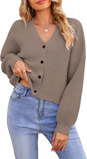Pink Queen Women's 2025 Fall Button Down V Neck Batwing Long Sleeve Ribbed Knit Cropped Cardigan Sweater Top