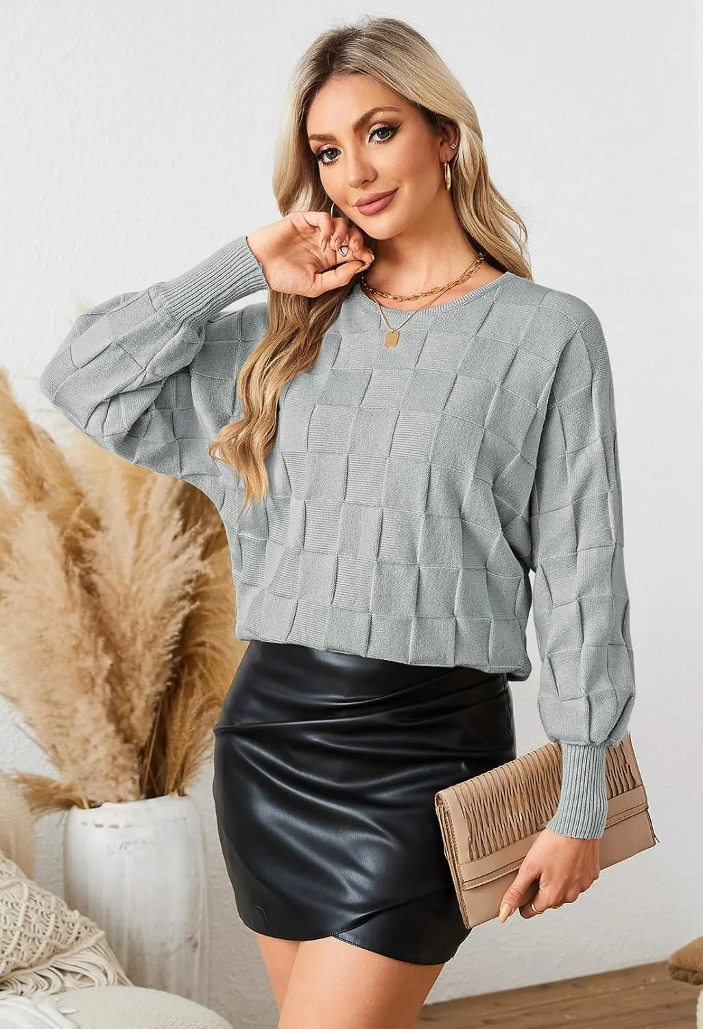 Pink Queen Women's Fall Sweaters 2024 Casual Long Batwing Sleeve Oversized Crewneck Pullover Winter Fashion Trendy Outfits