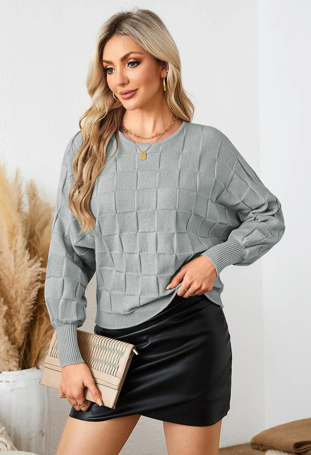 Pink Queen Women's Fall Sweaters 2024 Casual Long Batwing Sleeve Oversized Crewneck Pullover Winter Fashion Trendy Outfits