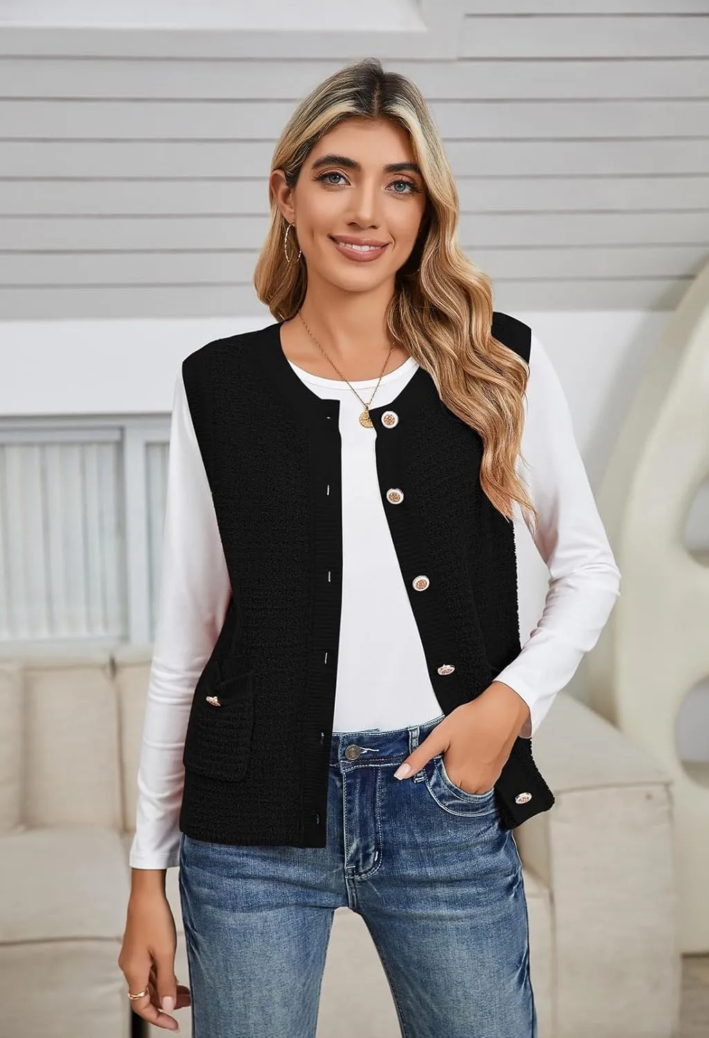 Pink Queen Women's Sweater Vest 2024 Sleeveless Knit Crewneck Button Down Tank Tops Fashion Casual Loose Summer Cardigans