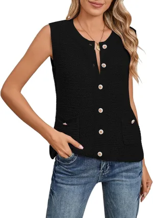 Pink Queen Women's Sweater Vest 2024 Sleeveless Knit Crewneck Button Down Tank Tops Fashion Casual Loose Summer Cardigans
