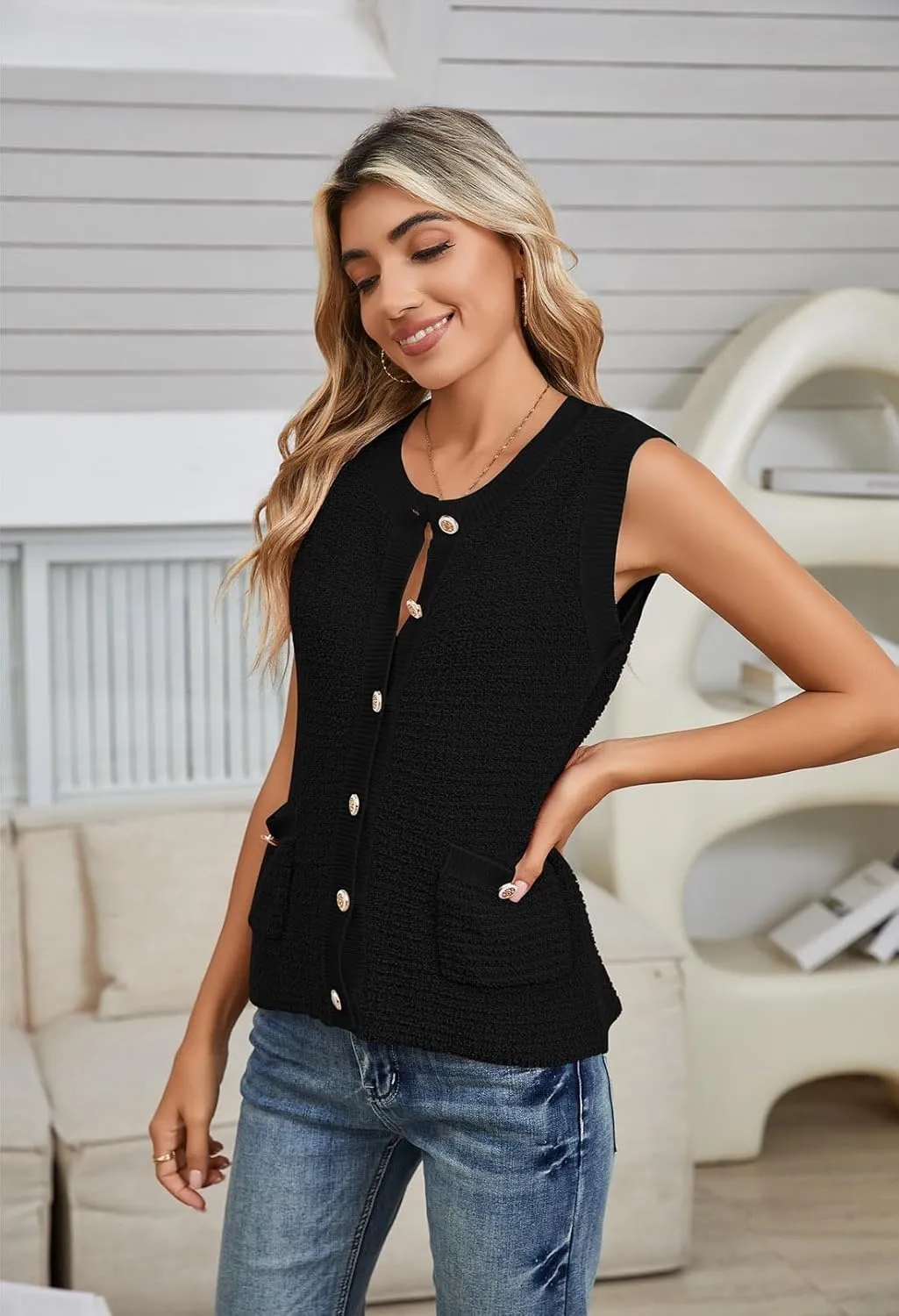 Pink Queen Women's Sweater Vest 2024 Sleeveless Knit Crewneck Button Down Tank Tops Fashion Casual Loose Summer Cardigans