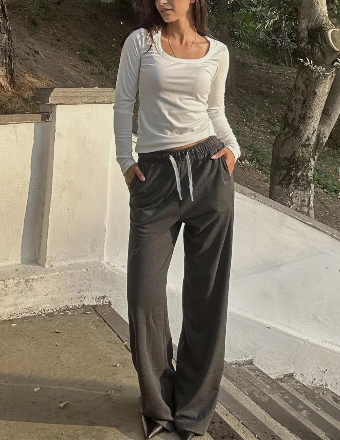 PINSPARK Wide Leg Sweat Pants for Womens High Waisted Baggy Sweatpants Casual Drawstring Workout Pants with Pockets