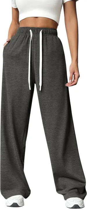 PINSPARK Wide Leg Sweat Pants for Womens High Waisted Baggy Sweatpants Casual Drawstring Workout Pants with Pockets