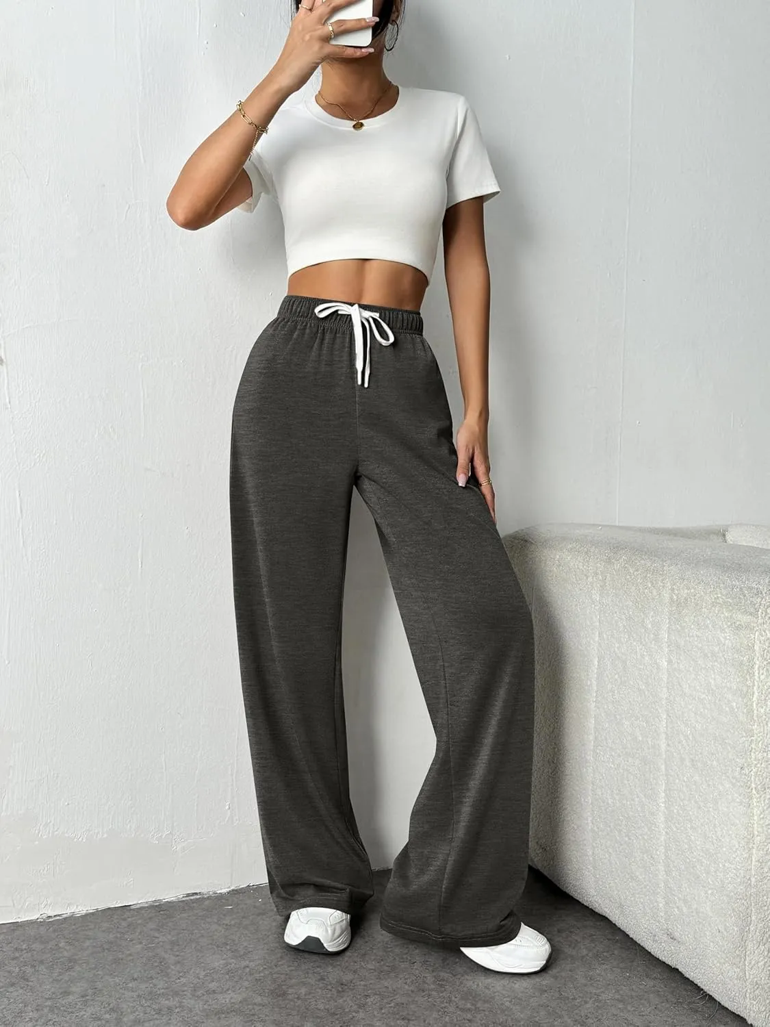 PINSPARK Wide Leg Sweat Pants for Womens High Waisted Baggy Sweatpants Casual Drawstring Workout Pants with Pockets