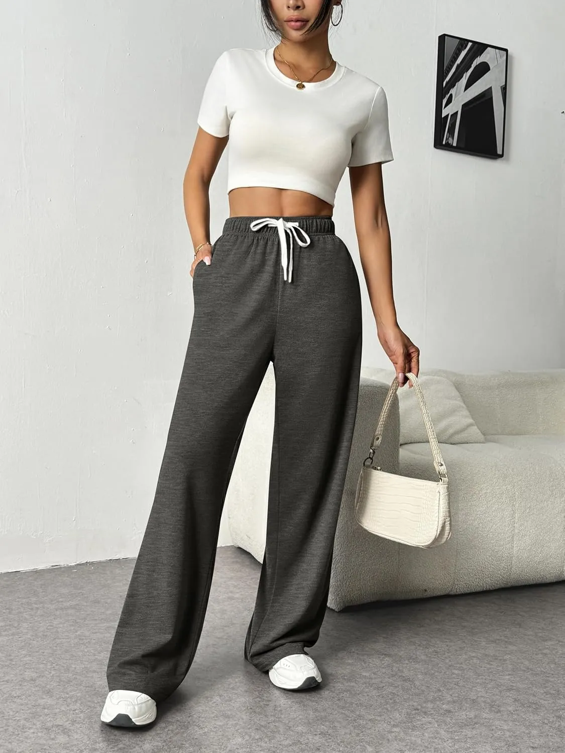 PINSPARK Wide Leg Sweat Pants for Womens High Waisted Baggy Sweatpants Casual Drawstring Workout Pants with Pockets