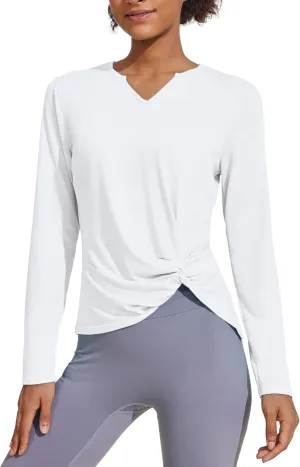 PINSPARK Womens Long Sleeve Shirts Workout Tops V Neck Twist Front Hiking Yoga Running Casual T-Shirt