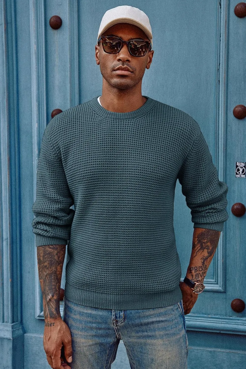 PJ PAUL JONES Mens Crewneck Pullover Sweater Waffle Textured Long Sleeve Knitted Sweaters
