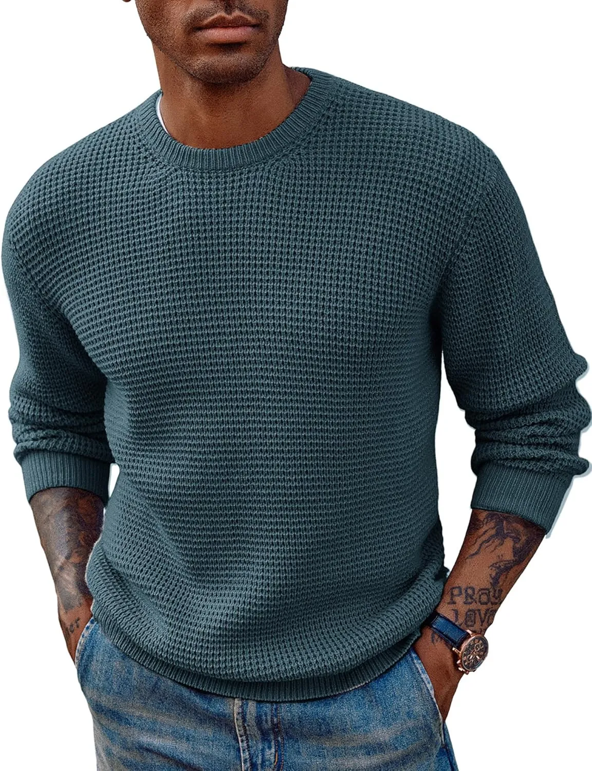 PJ PAUL JONES Mens Crewneck Pullover Sweater Waffle Textured Long Sleeve Knitted Sweaters