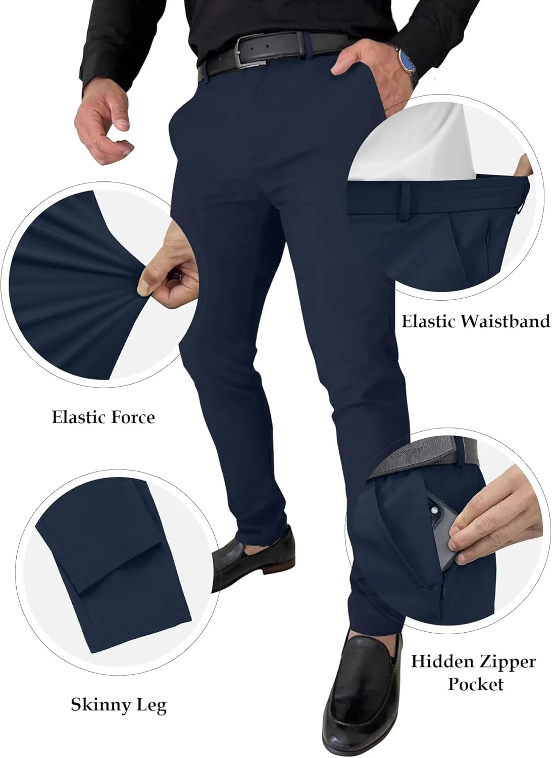 PLEPAN Men's Stretch Dress Pants Slim Fit Casual Suit Pants Expandable Waist Golf Pants